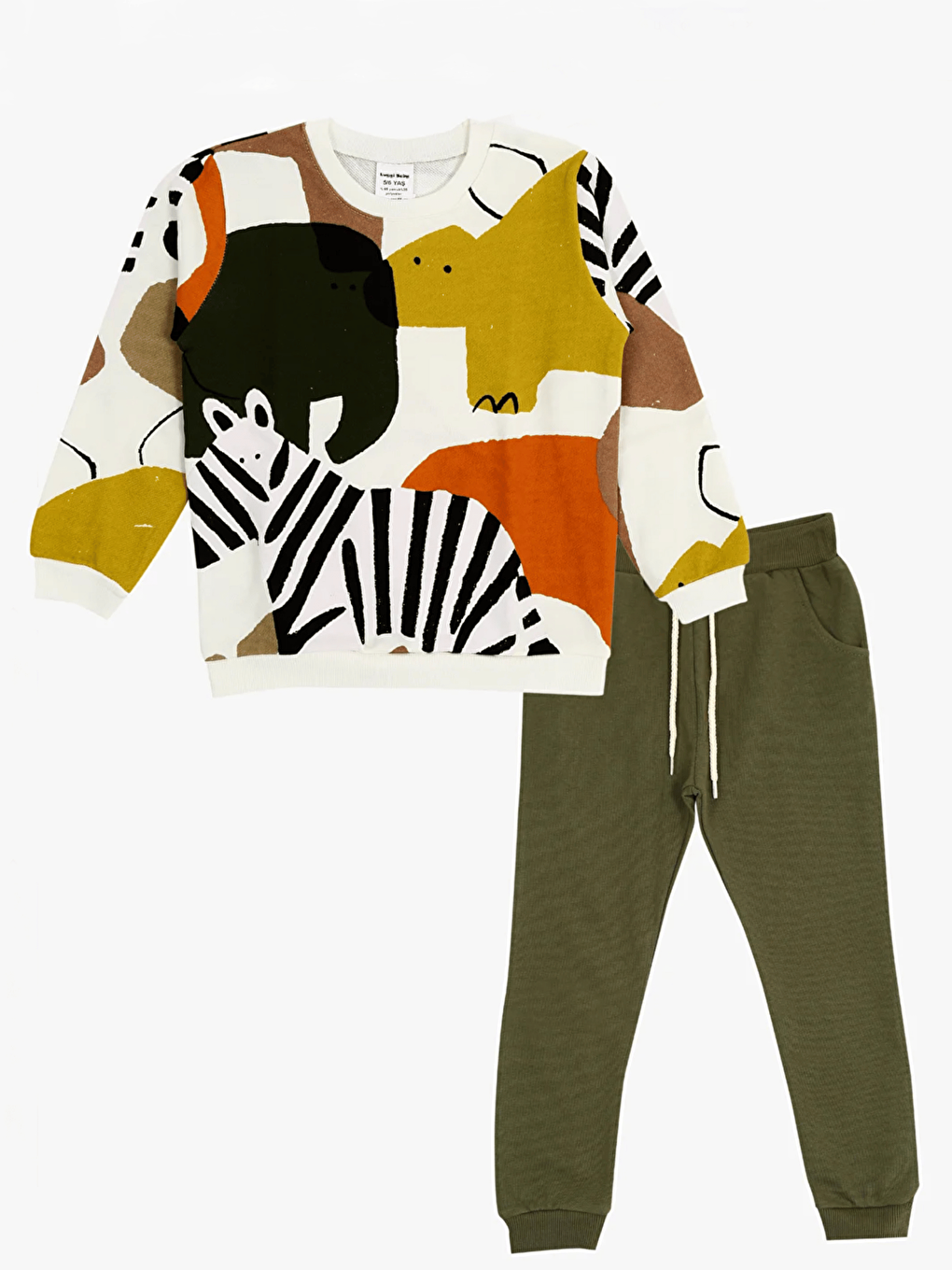 Yeşil Bisiklet Yaka Baskılı Erkek Çocuk Sweatshirt ve Eşofman Alt 2'li Takım