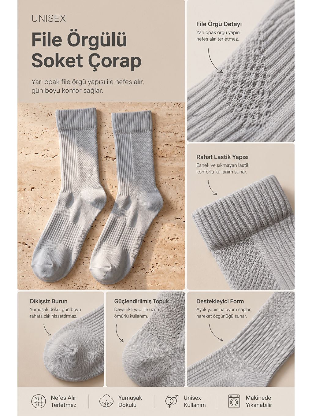 Unisex File Örgülü Soket Çorap Gri-3