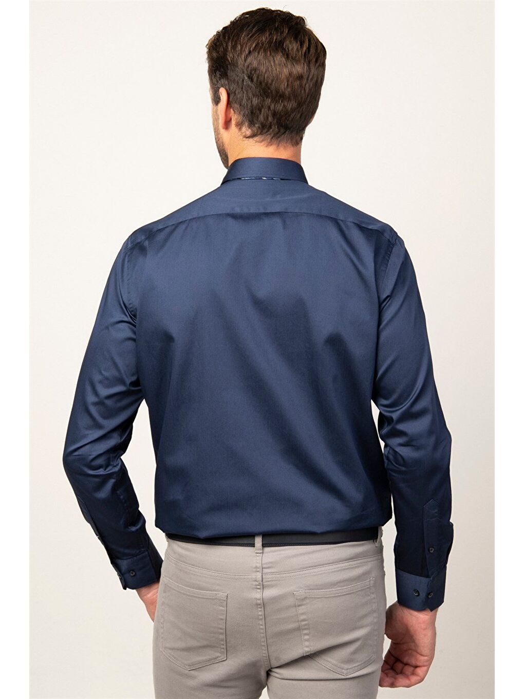 Erkek Regular Fit Klasik Kesim Pamuk Saten Lacivert %100 Pamuk Gömlek-3