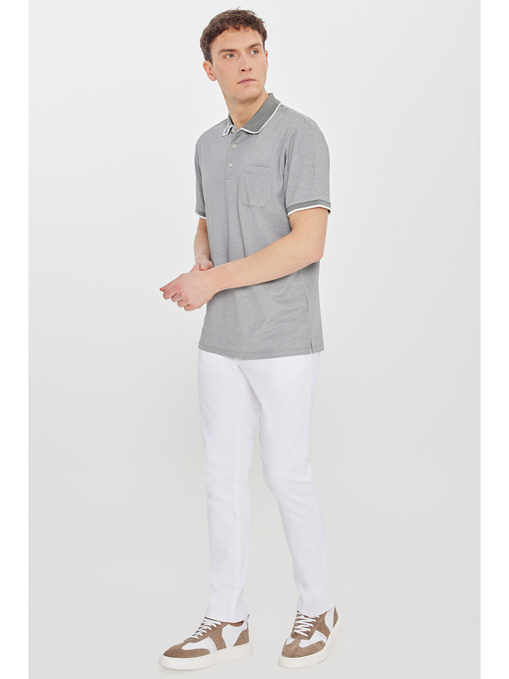 Erkek Haki Pamuklu Comfort Fit Rahat Kesim Polo Yaka Cepli Tişört-1