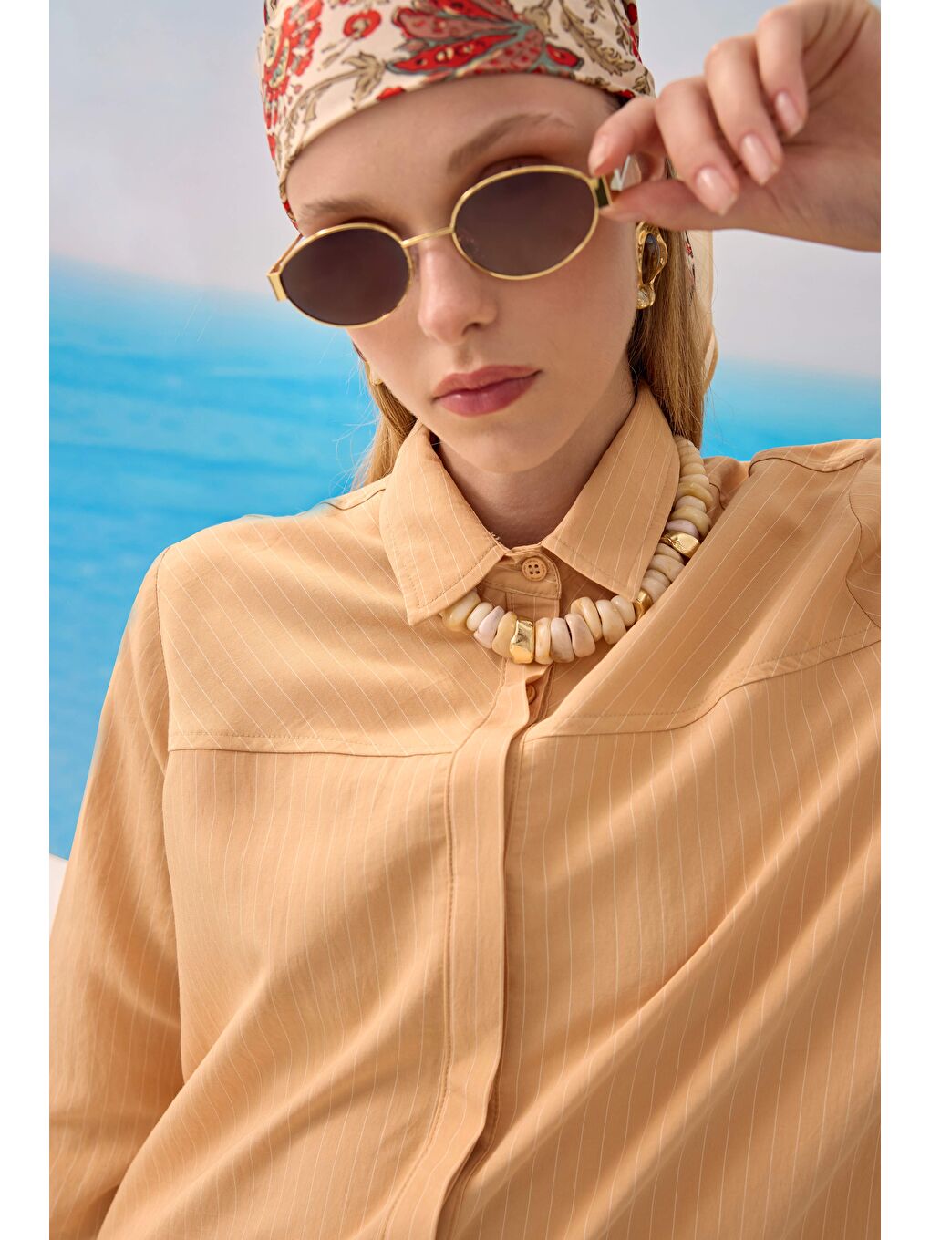 Pembe Robası Verev Çizgili Gömlek Açık Somon-3