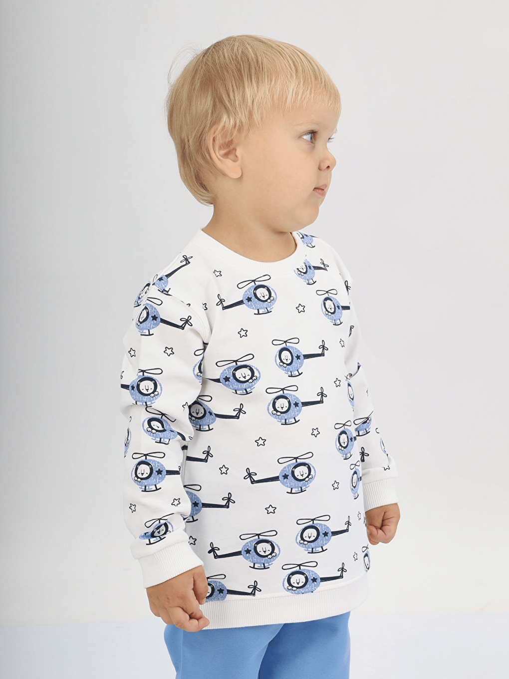 Mavi Bisiklet Yaka Baskılı Erkek Bebek Sweatshirt ve Eşofman Alt 2'li Takım-2