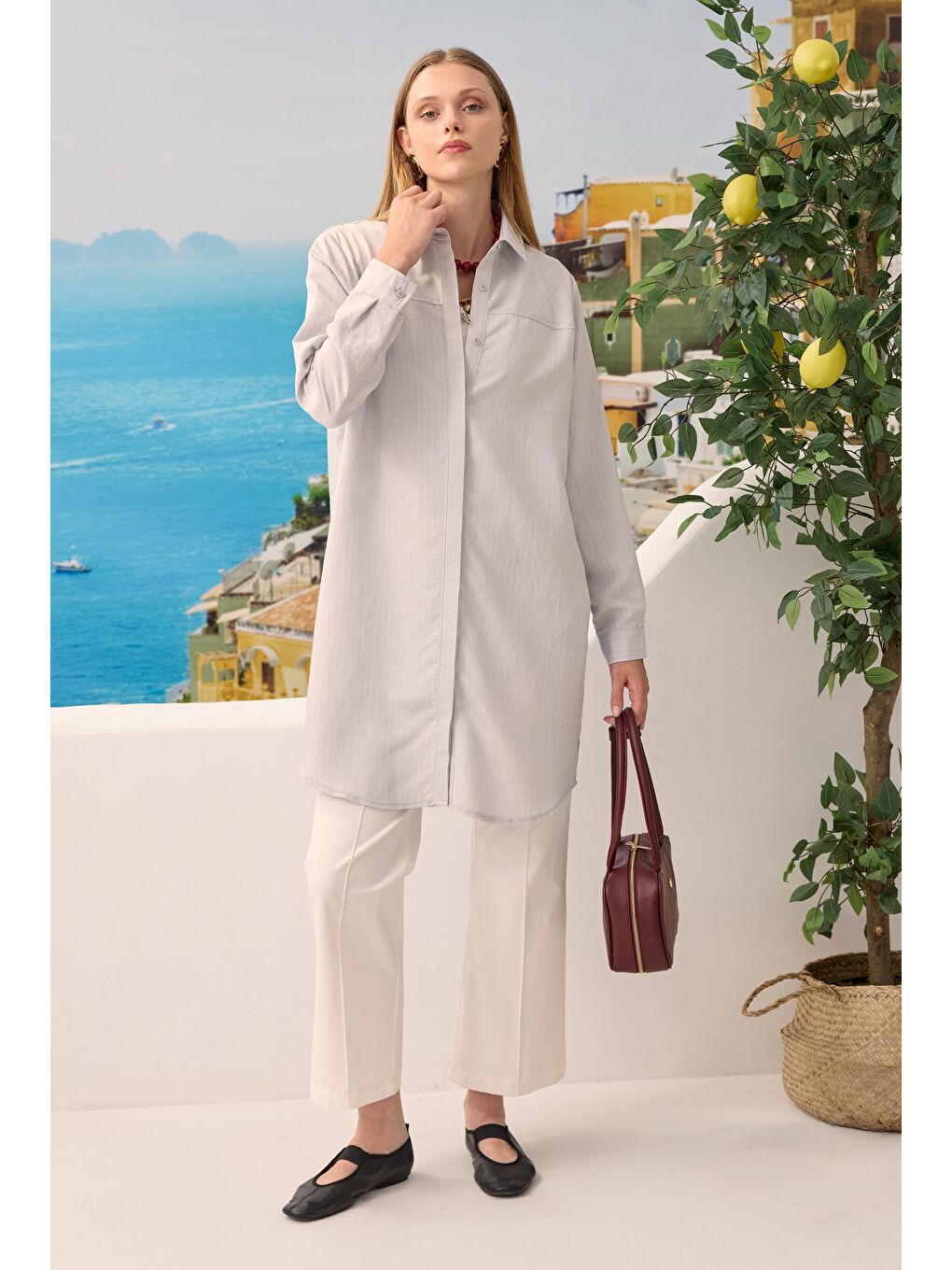 Robası Verev Çizgili Gömlek Soft Gri-2