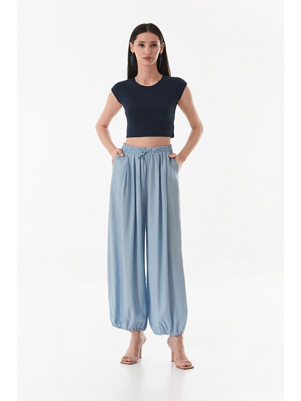 Mavi Beli Ve Paçası Lastikli Şalvar Pantolon