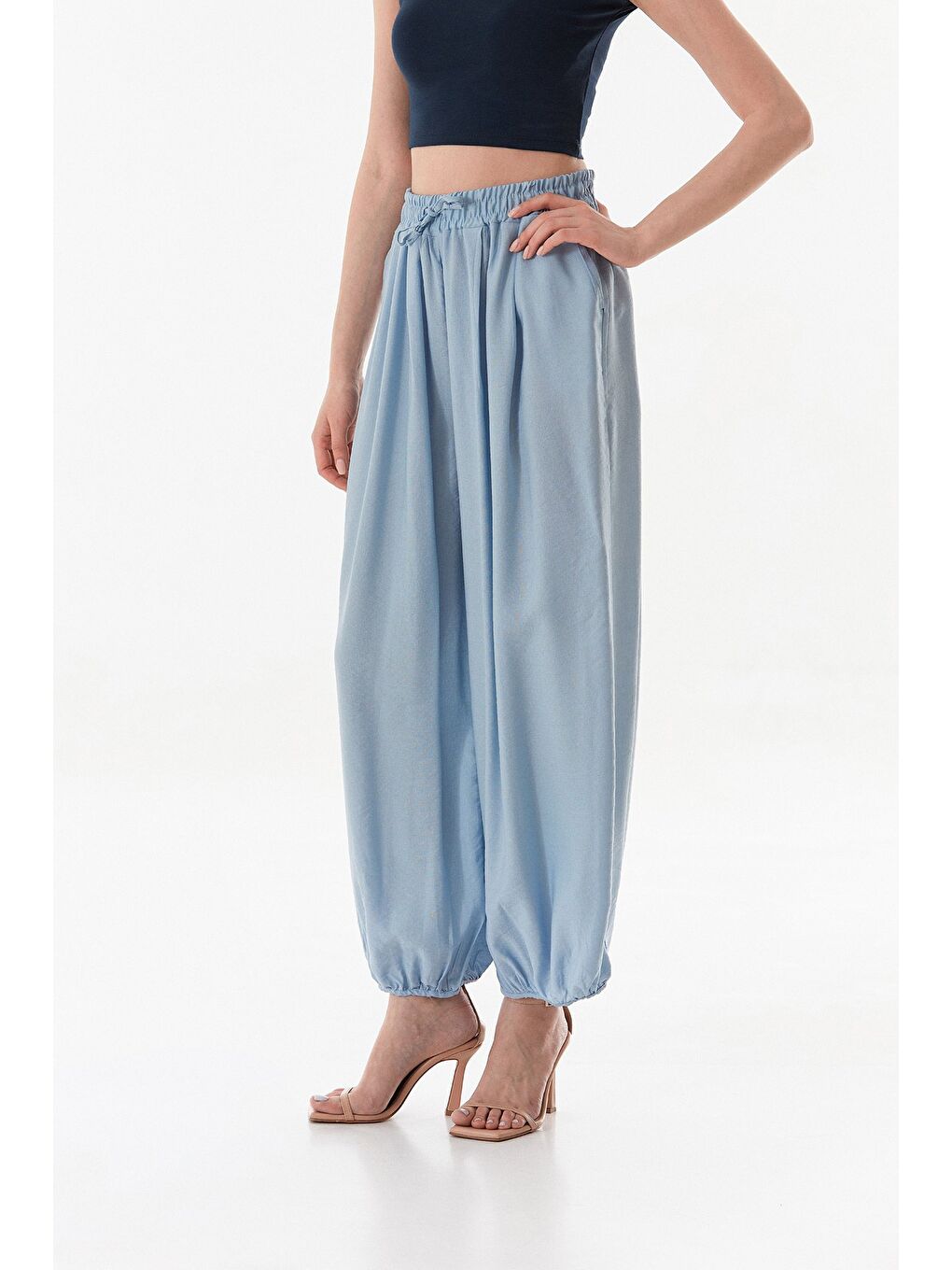 Mavi Beli Ve Paçası Lastikli Şalvar Pantolon-1