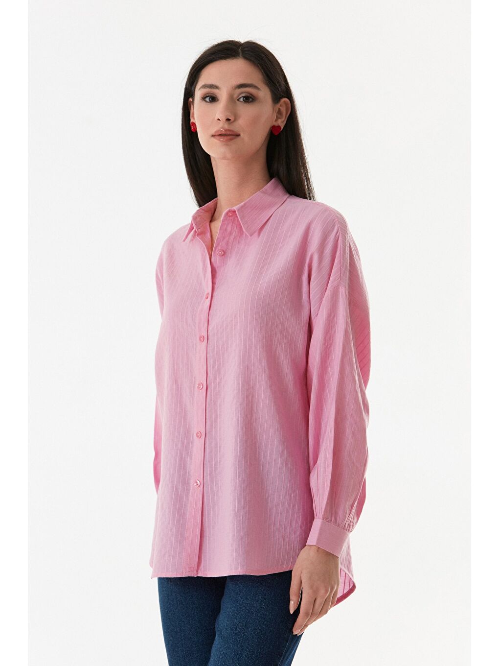 Pembe Çizgili Arkası Uzun Salaş Gömlek