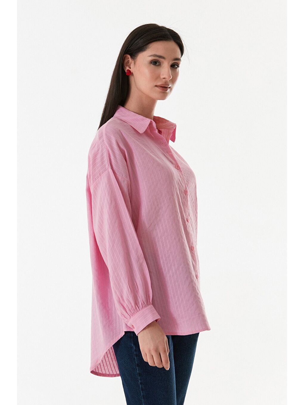 Pembe Çizgili Arkası Uzun Salaş Gömlek-2