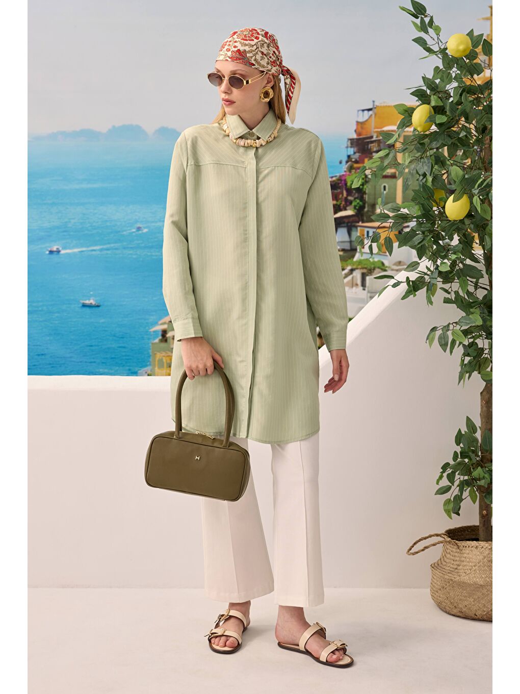 Haki Robası Verev Çizgili Gömlek Okaliptus