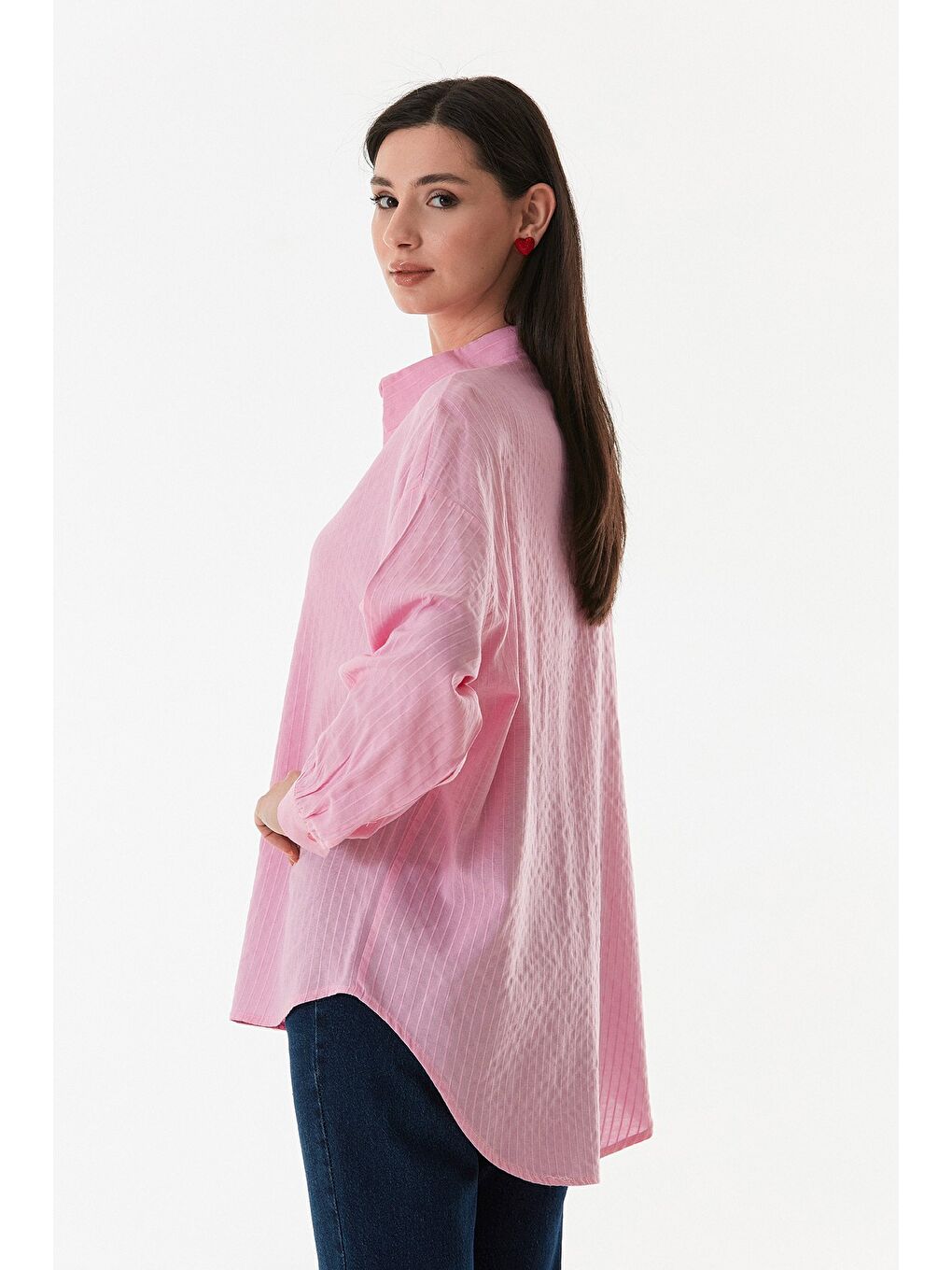Pembe Çizgili Arkası Uzun Salaş Gömlek-4