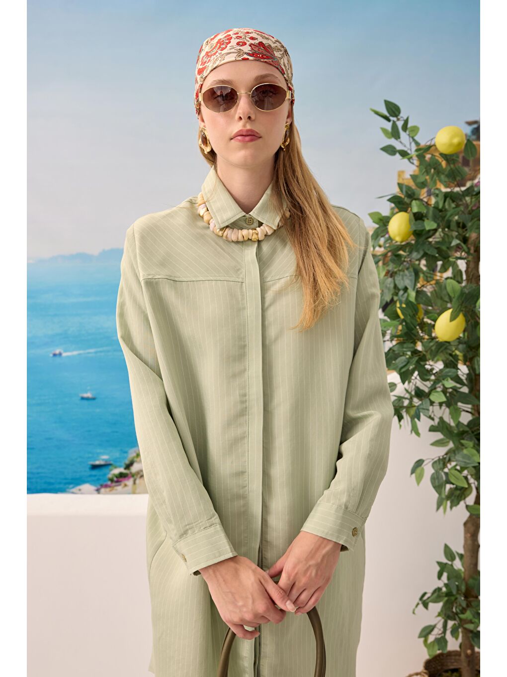 Haki Robası Verev Çizgili Gömlek Okaliptus-1