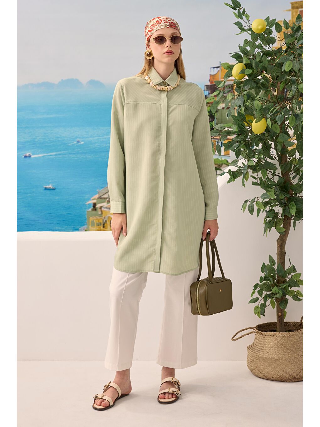 Haki Robası Verev Çizgili Gömlek Okaliptus-3