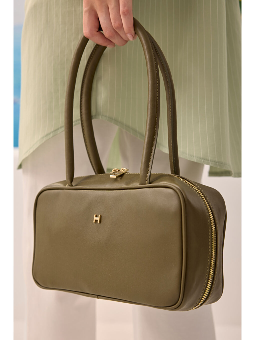 Haki Robası Verev Çizgili Gömlek Okaliptus-4