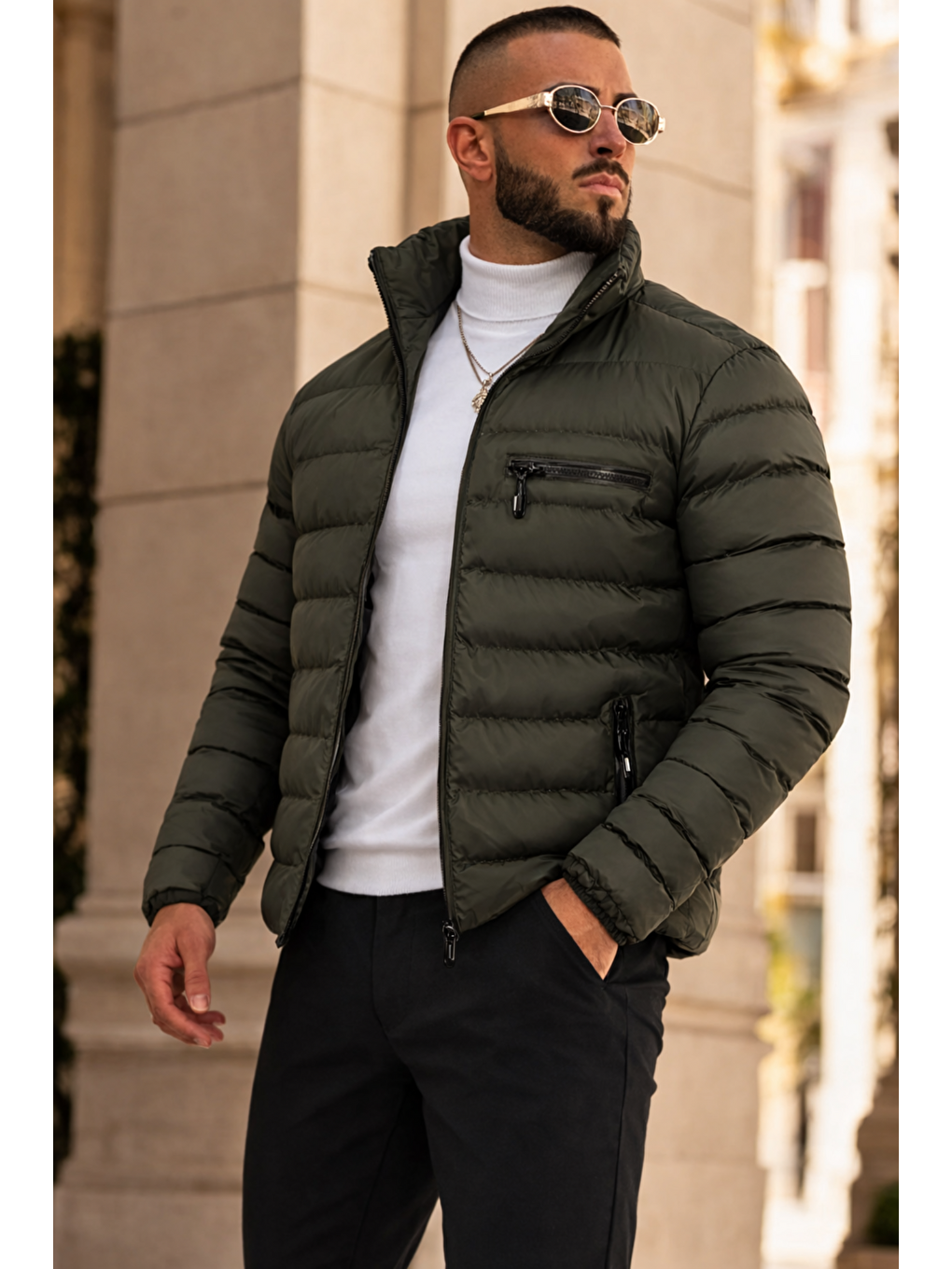 Erkek Günlük Cepli Basic Astarlı Haki Şişme Mont