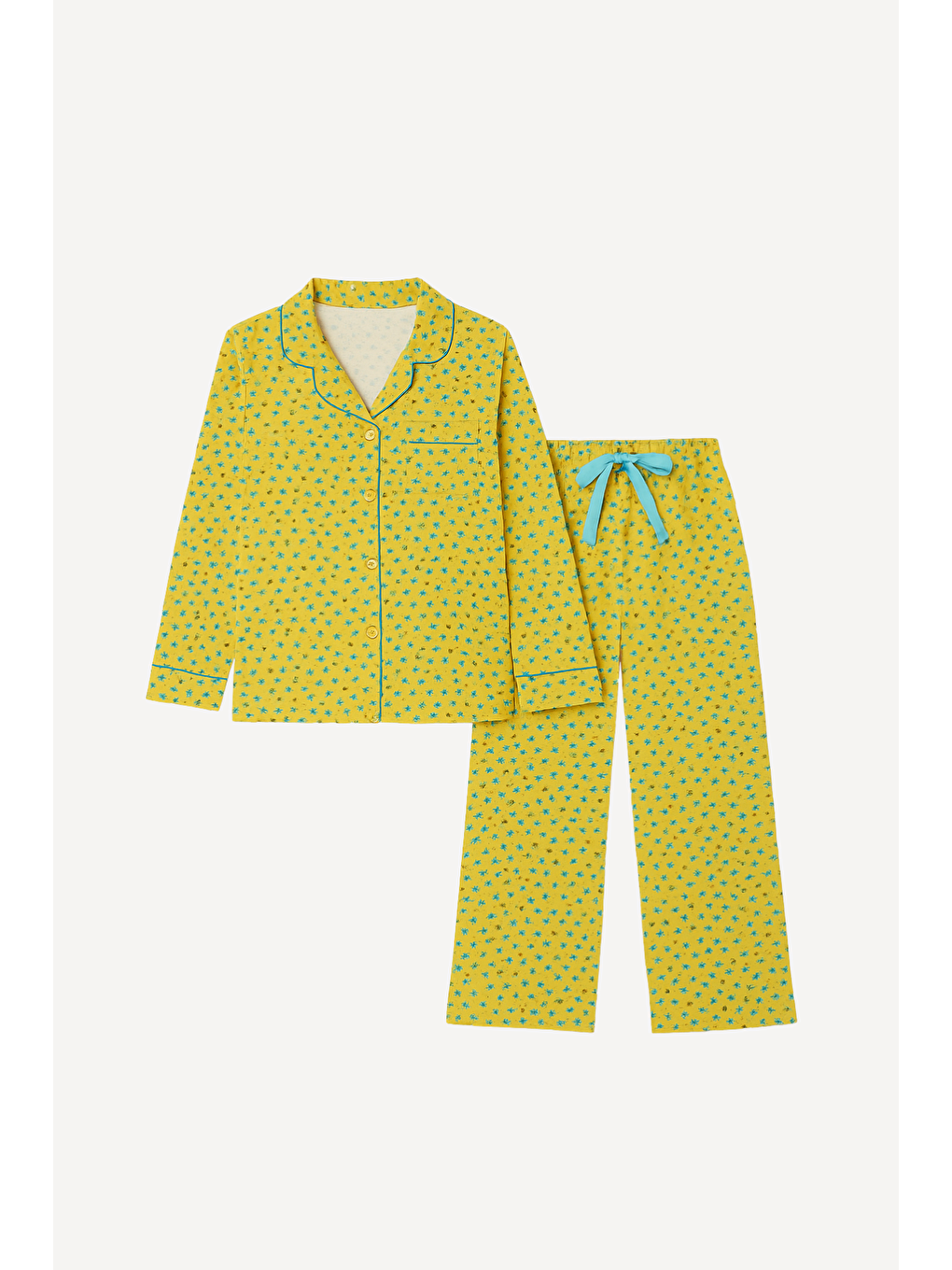 Sarı Kız Çocuk Çiçekli Pijama Takımı Hardal-2