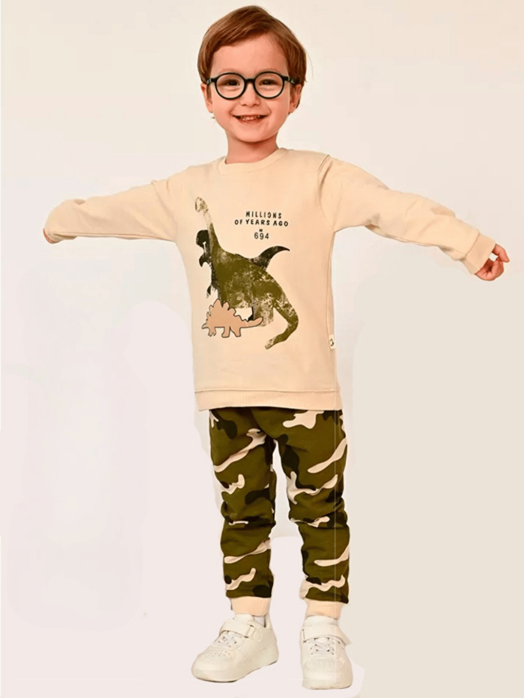 Bej Bisiklet Yaka Baskılı Erkek Bebek Sweatshirt ve Eşofman Alt 2'li Takım