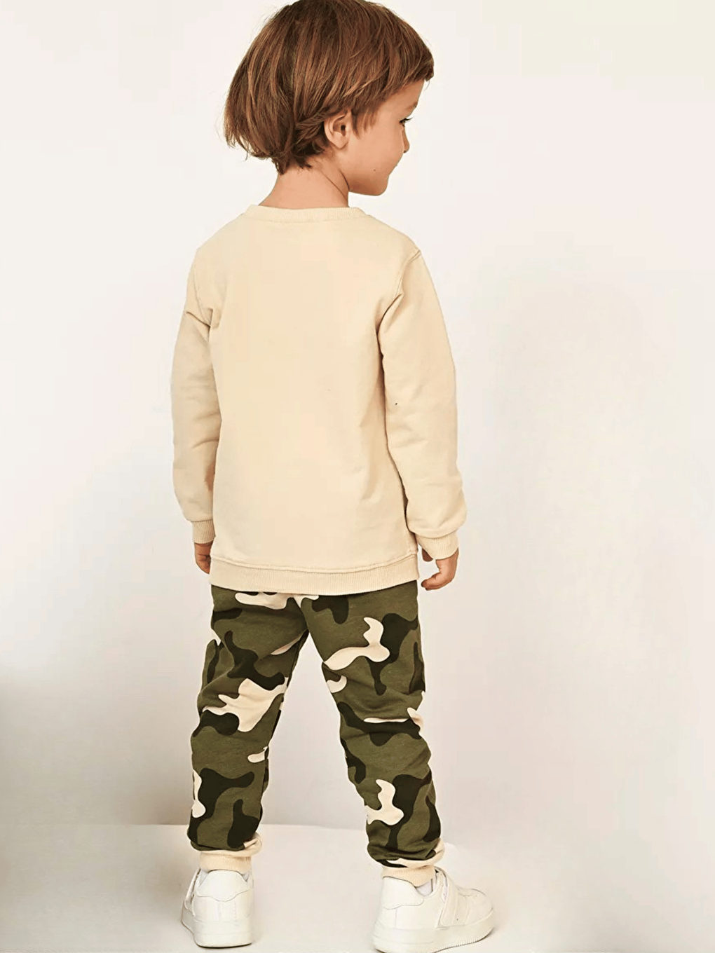 Bej Bisiklet Yaka Baskılı Erkek Bebek Sweatshirt ve Eşofman Alt 2'li Takım-1