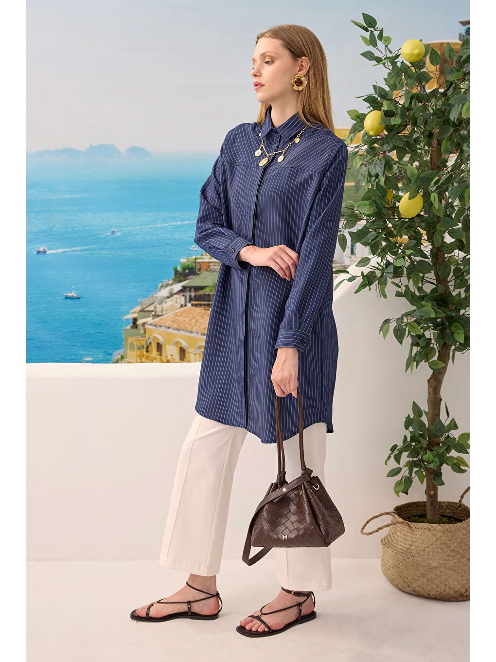 Lacivert Robası Verev Çizgili Gömlek Gece Mavi