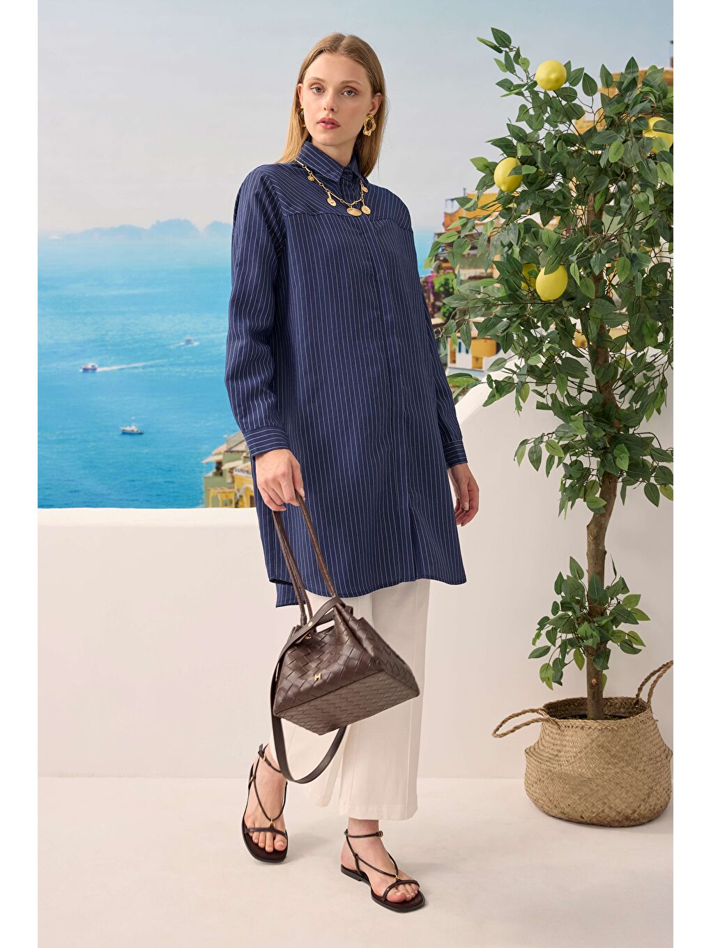 Lacivert Robası Verev Çizgili Gömlek Gece Mavi-1