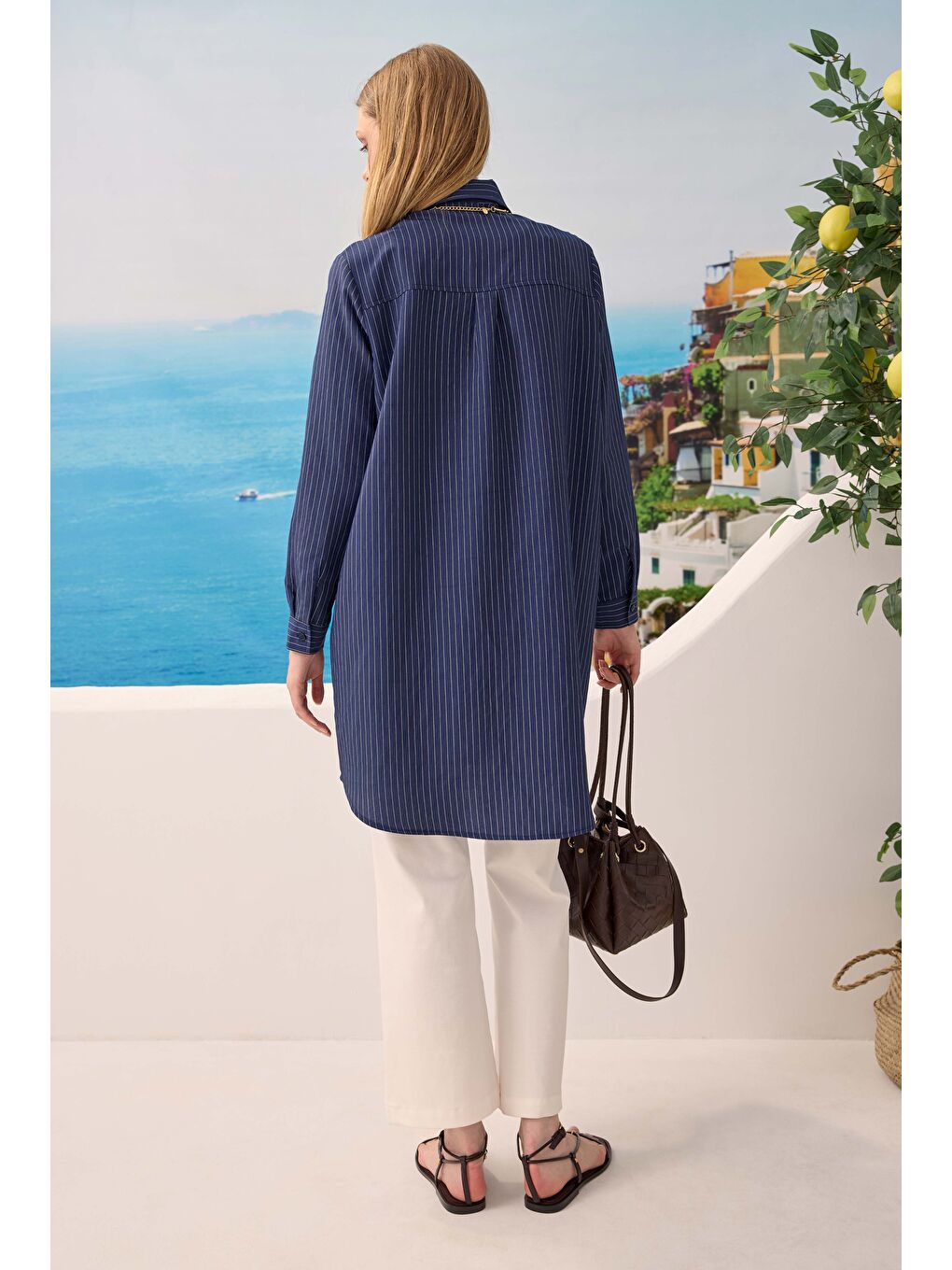 Lacivert Robası Verev Çizgili Gömlek Gece Mavi-2