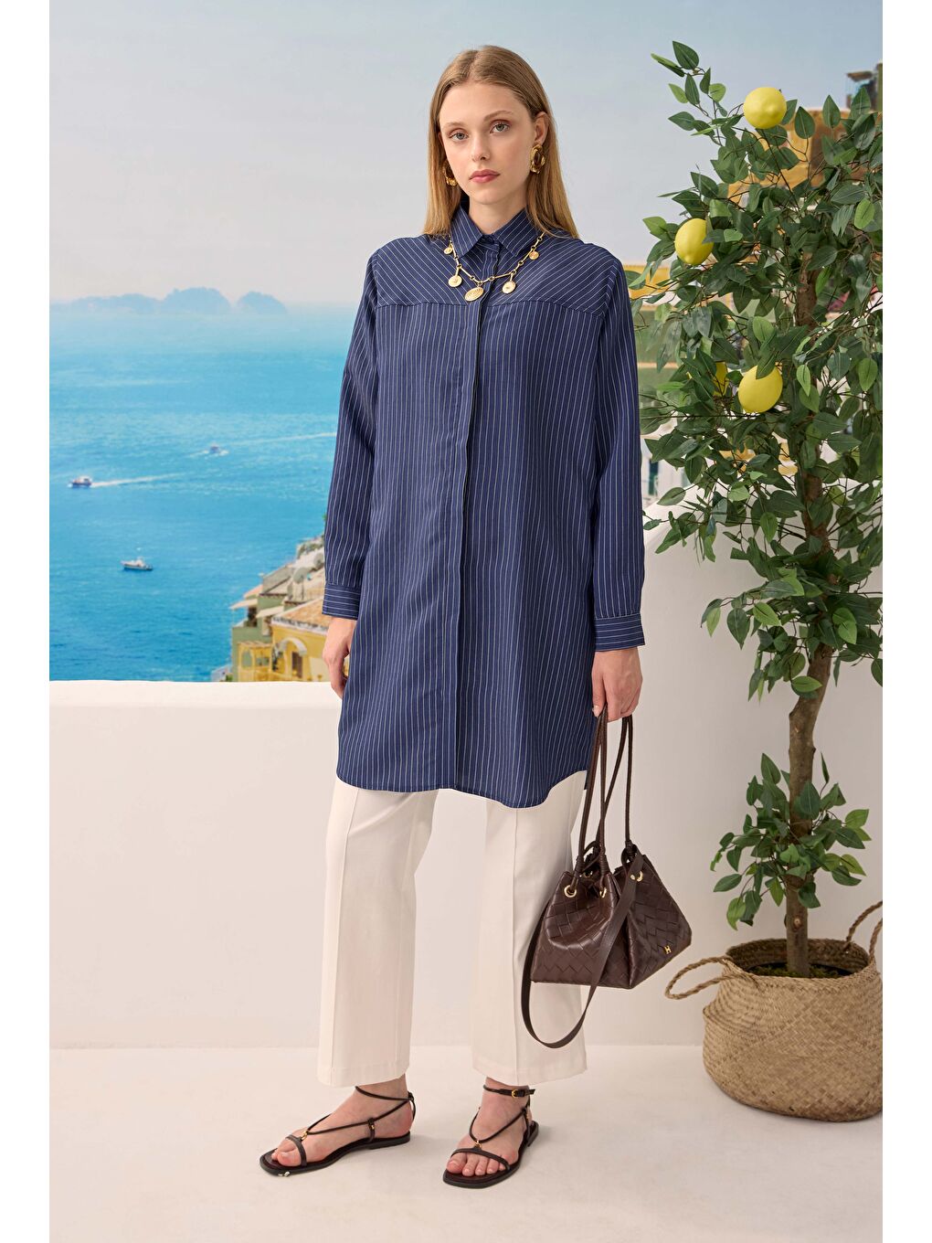 Lacivert Robası Verev Çizgili Gömlek Gece Mavi-3