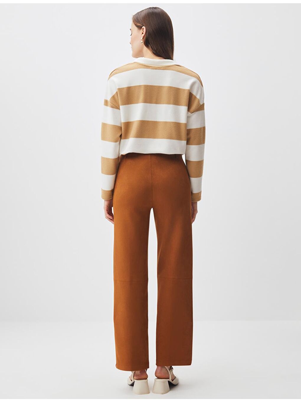 Kahverengi Taba Yüksek Bel Bol Paça Süet Pantolon-5