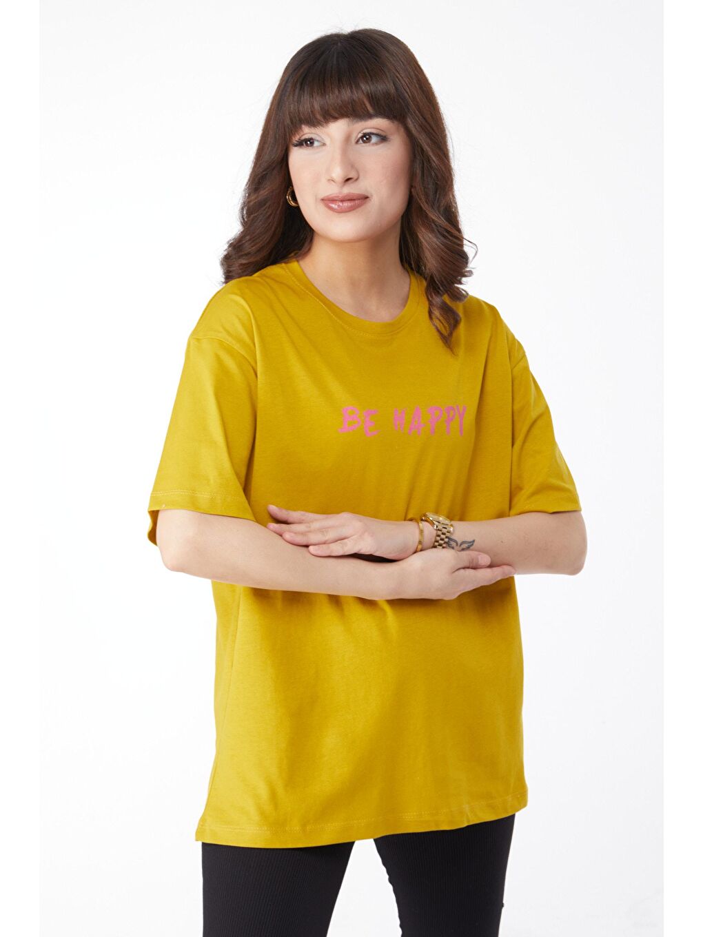 TOFİSA Yeşil Düz Bisiklet Yaka Kadın Yeşil Baskılı T-shirt - 25171 - 1