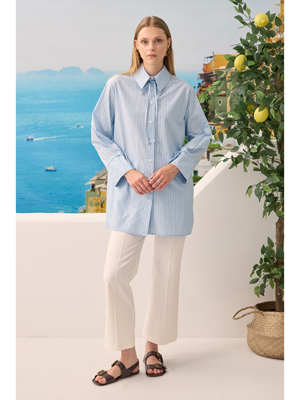 Bağcıklı Çizgili Gömlek Mavi-1