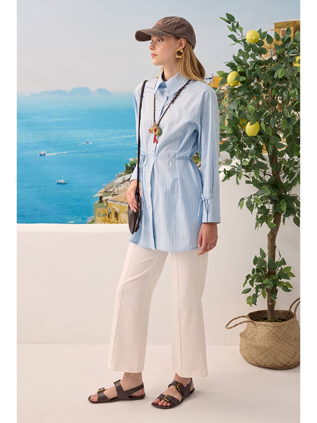 Bağcıklı Çizgili Gömlek Mavi-3