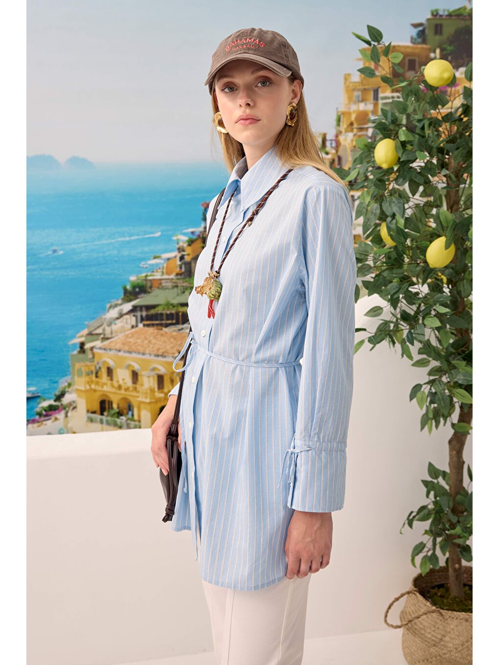 Bağcıklı Çizgili Gömlek Mavi-4