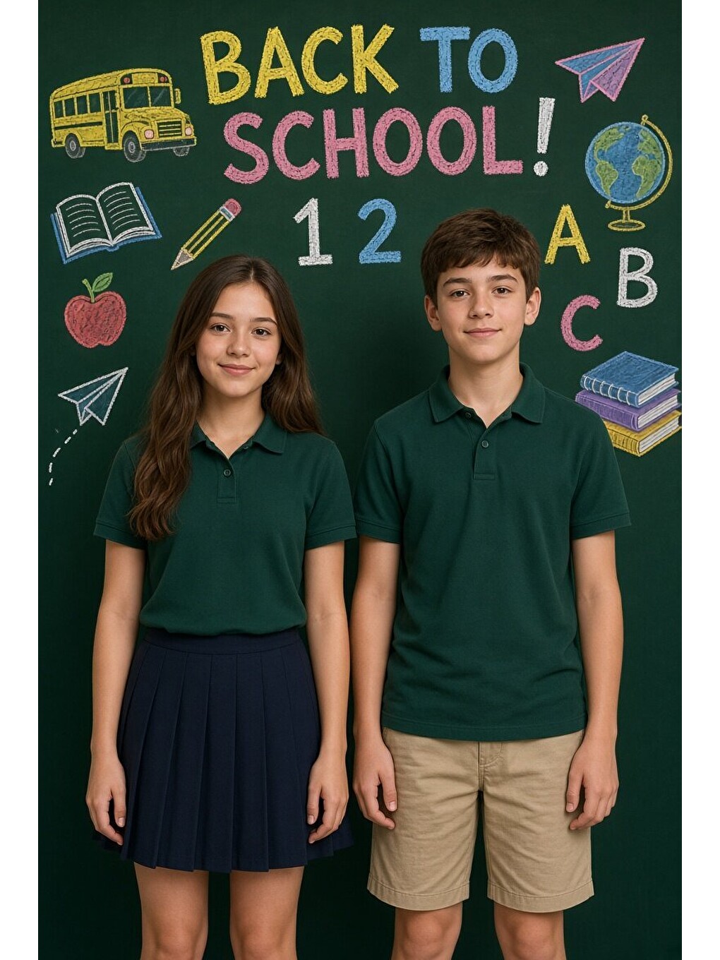 Koyu Yeşil Kız/erkek Çocuk Polo Yaka Kısa Kol Okul Tişörtü 24798-1