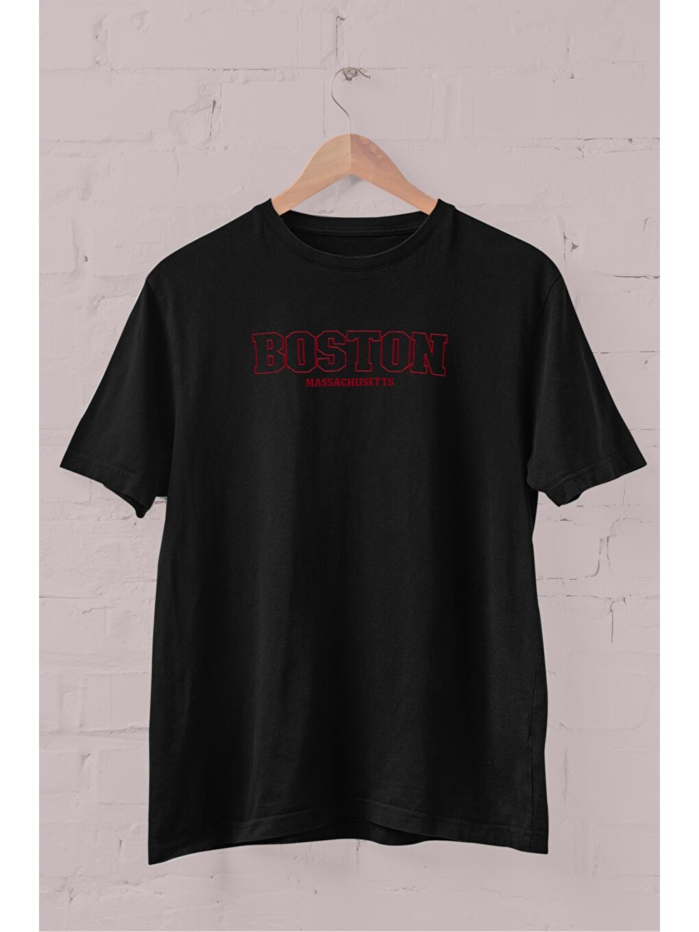 Siyah Boston Baskılı Bisiklet Yaka Erkek Tişört