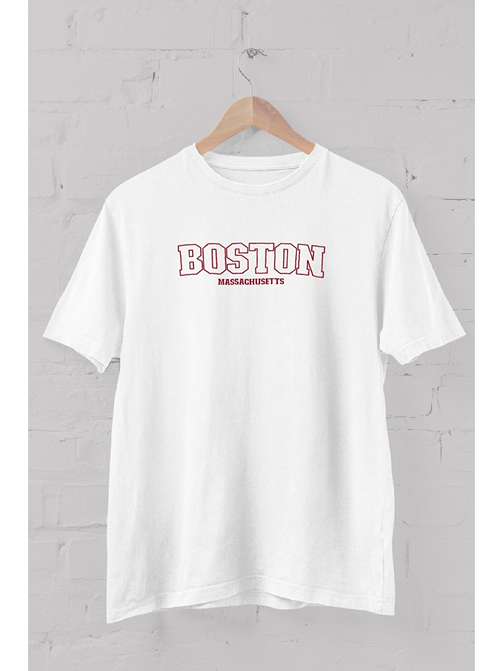 Beyaz Boston Baskılı Bisiklet Yaka Erkek Tişört