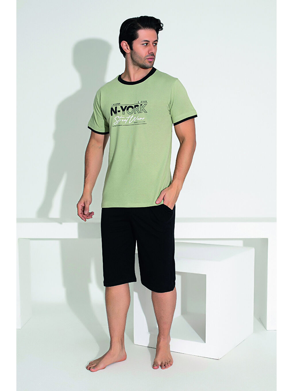 Erkek Şort Tişört %100 Pamuk Şortlu Pijama Takımı 25258 Haki-2