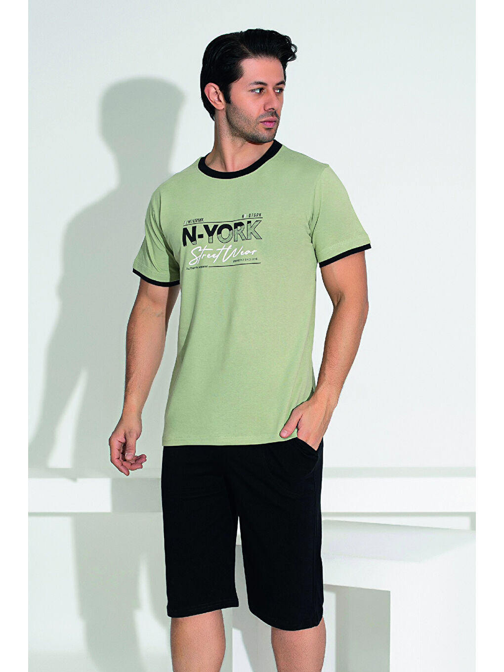 Erkek Şort Tişört %100 Pamuk Şortlu Pijama Takımı 25258 Haki-3