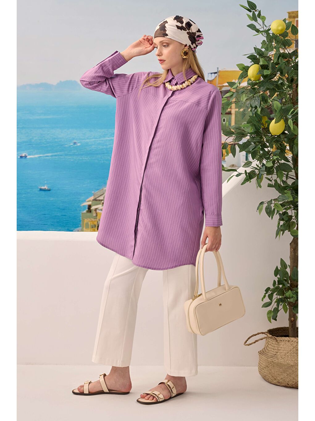 Lila Robası Verev Çizgili Gömlek Leylak-2