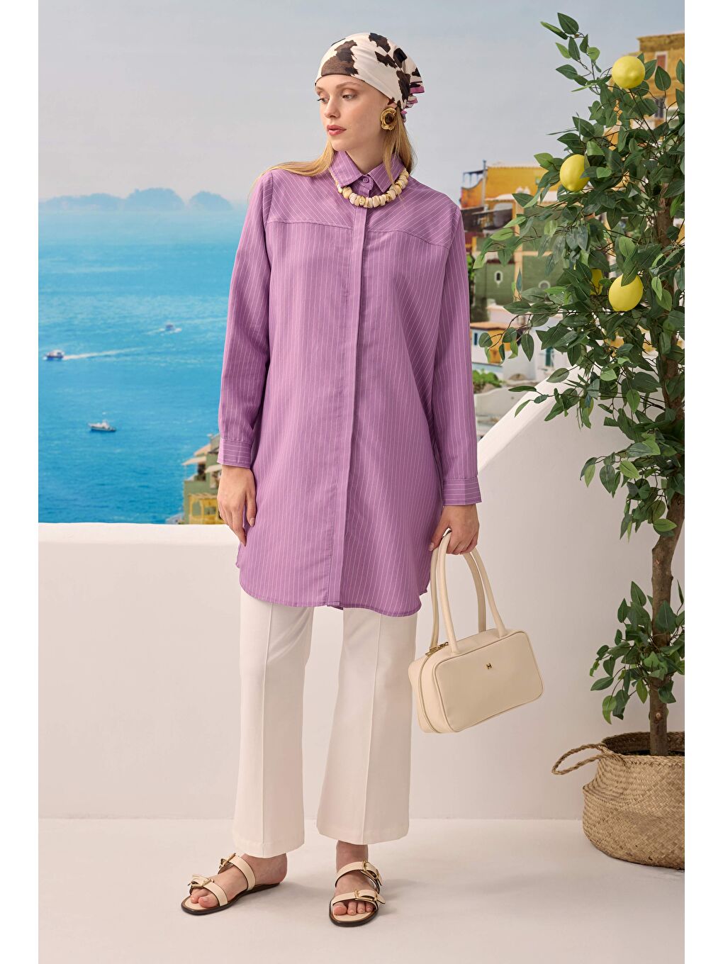 Lila Robası Verev Çizgili Gömlek Leylak-3