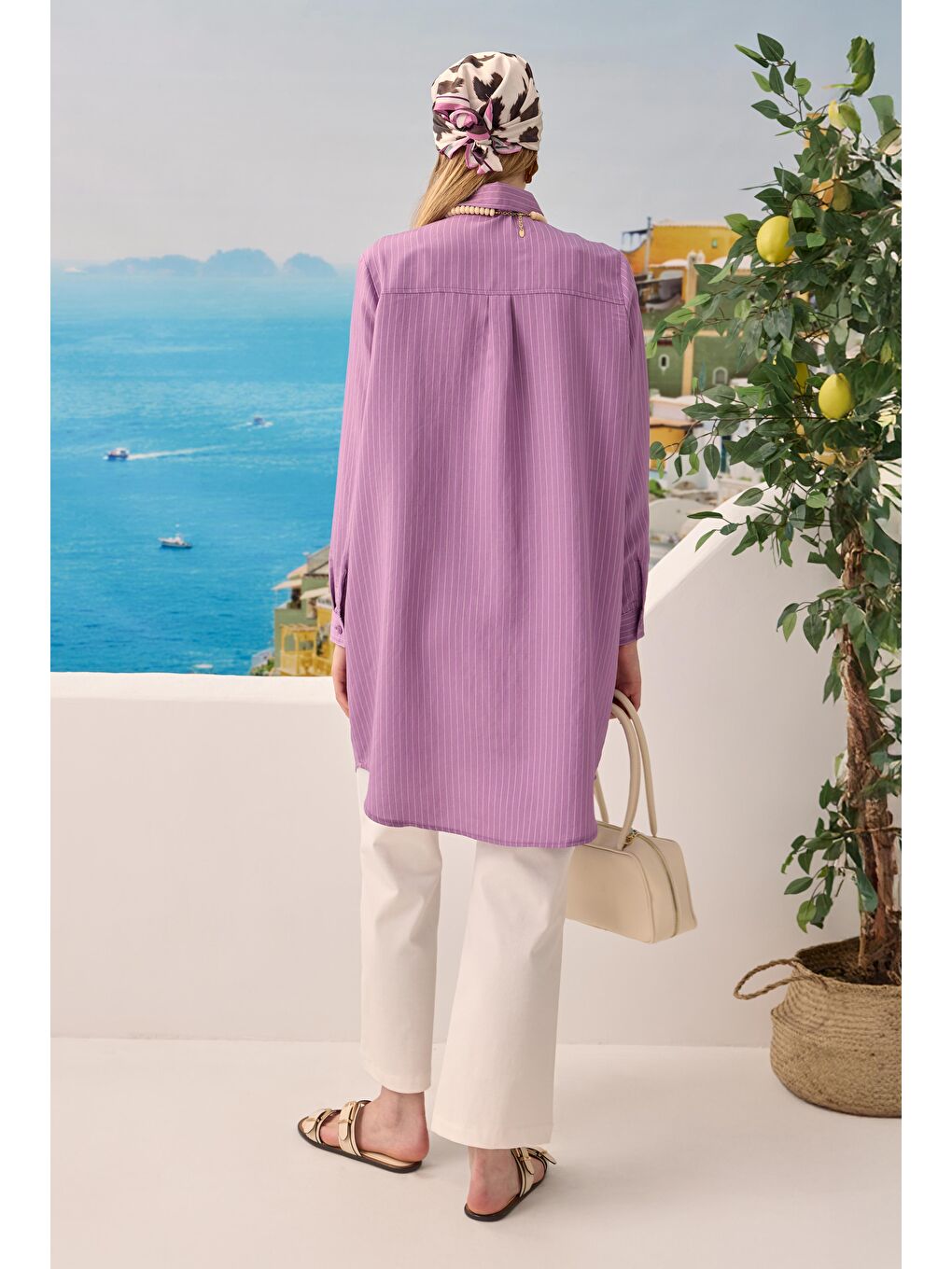 Lila Robası Verev Çizgili Gömlek Leylak-4