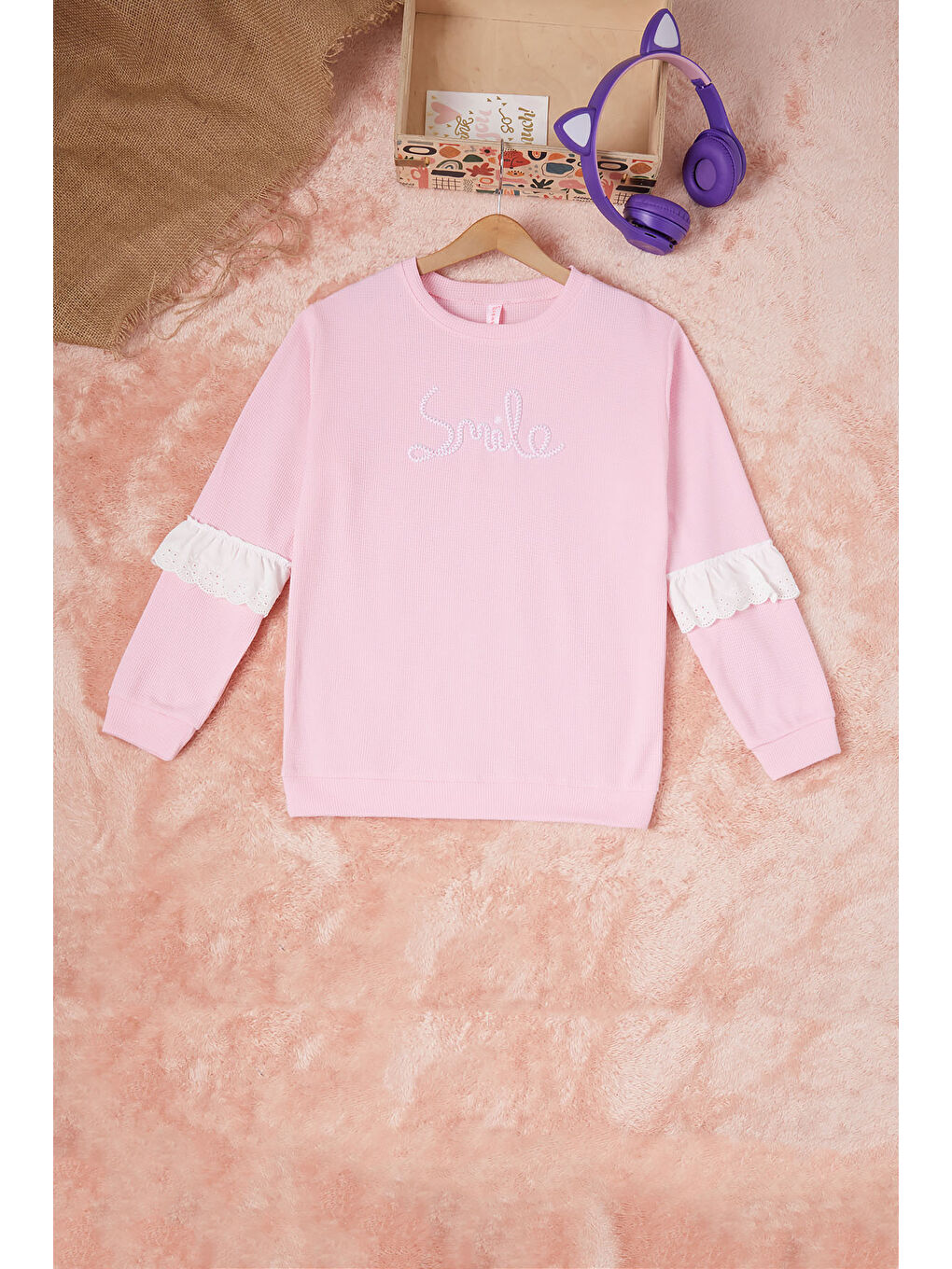 Pembe Life Kids Club Pembe Smile Nakışlı Kız Çocuk Waffle Sweatshirt 16592