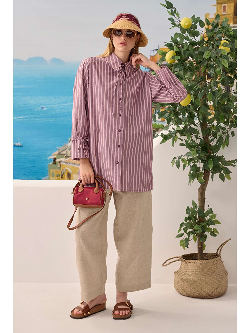 Pembe Bağcıklı Çizgili Gömlek Bordo