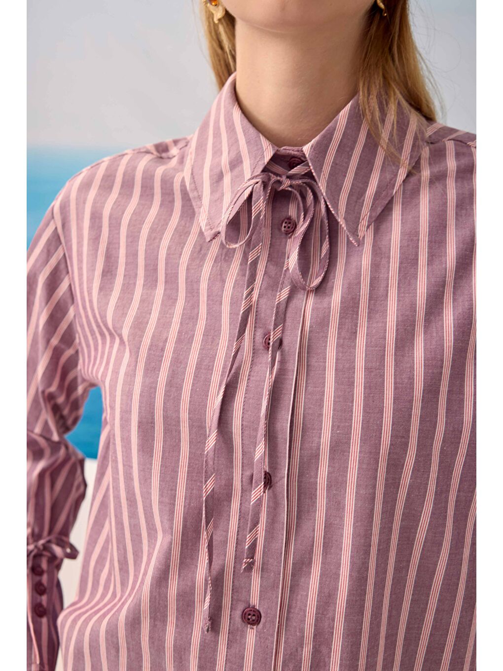 Pembe Bağcıklı Çizgili Gömlek Bordo-1