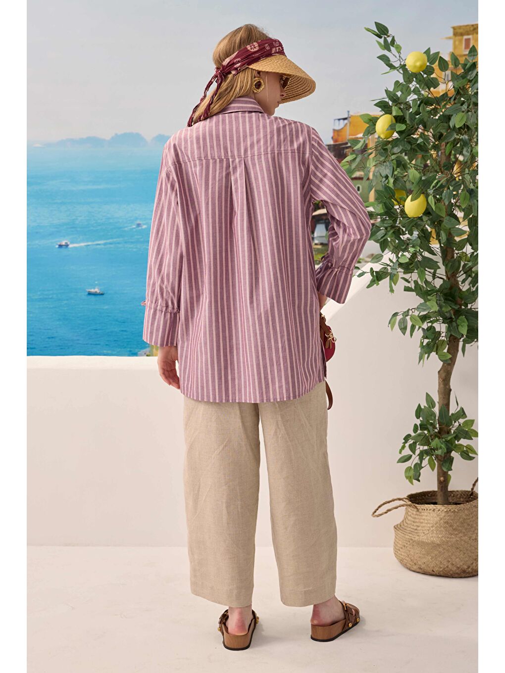 Pembe Bağcıklı Çizgili Gömlek Bordo-2