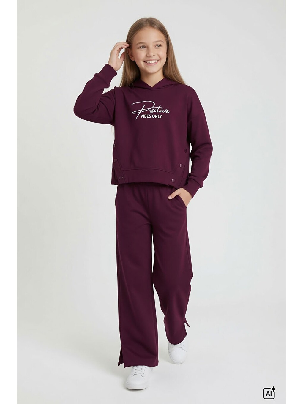 Bordo Kız Çocuk Çıtçıt Detaylı Kabartmalı Sweatshirt Geniş Paça 2li Eşofman Takımı 24765