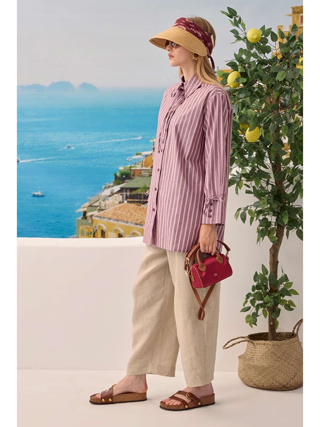 Pembe Bağcıklı Çizgili Gömlek Bordo-3