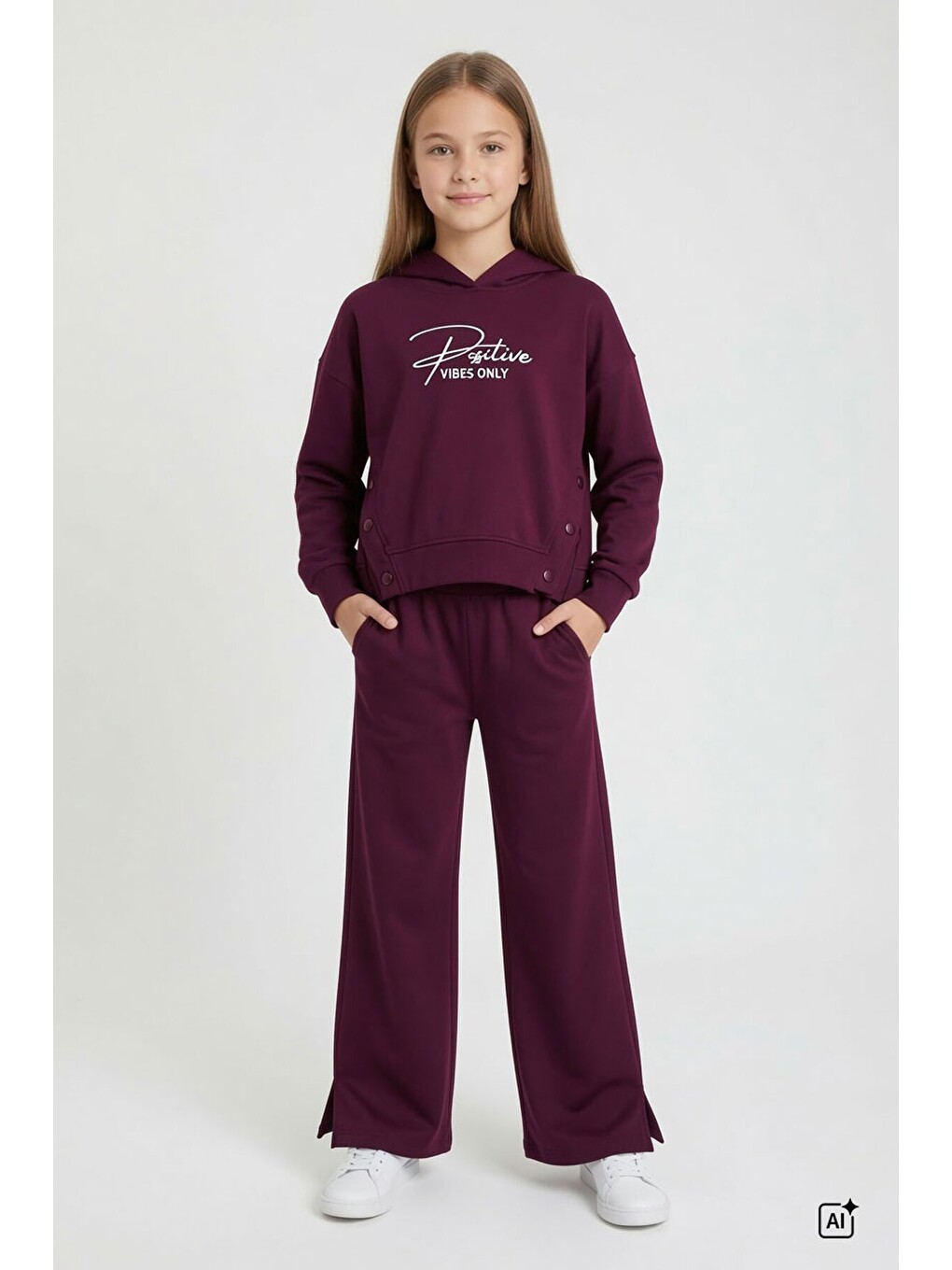 Bordo Kız Çocuk Çıtçıt Detaylı Kabartmalı Sweatshirt Geniş Paça 2li Eşofman Takımı 24765-1
