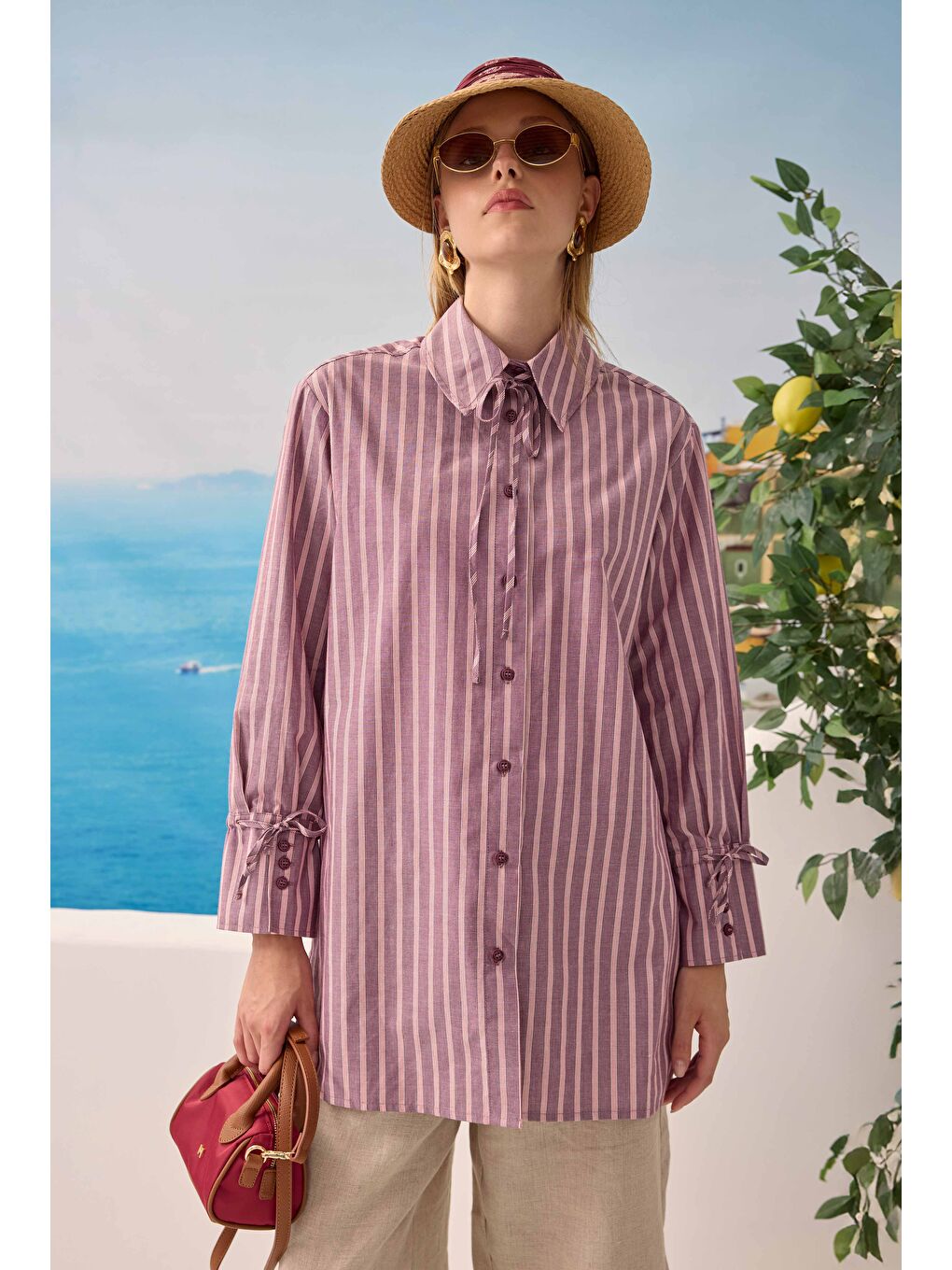 Pembe Bağcıklı Çizgili Gömlek Bordo-4