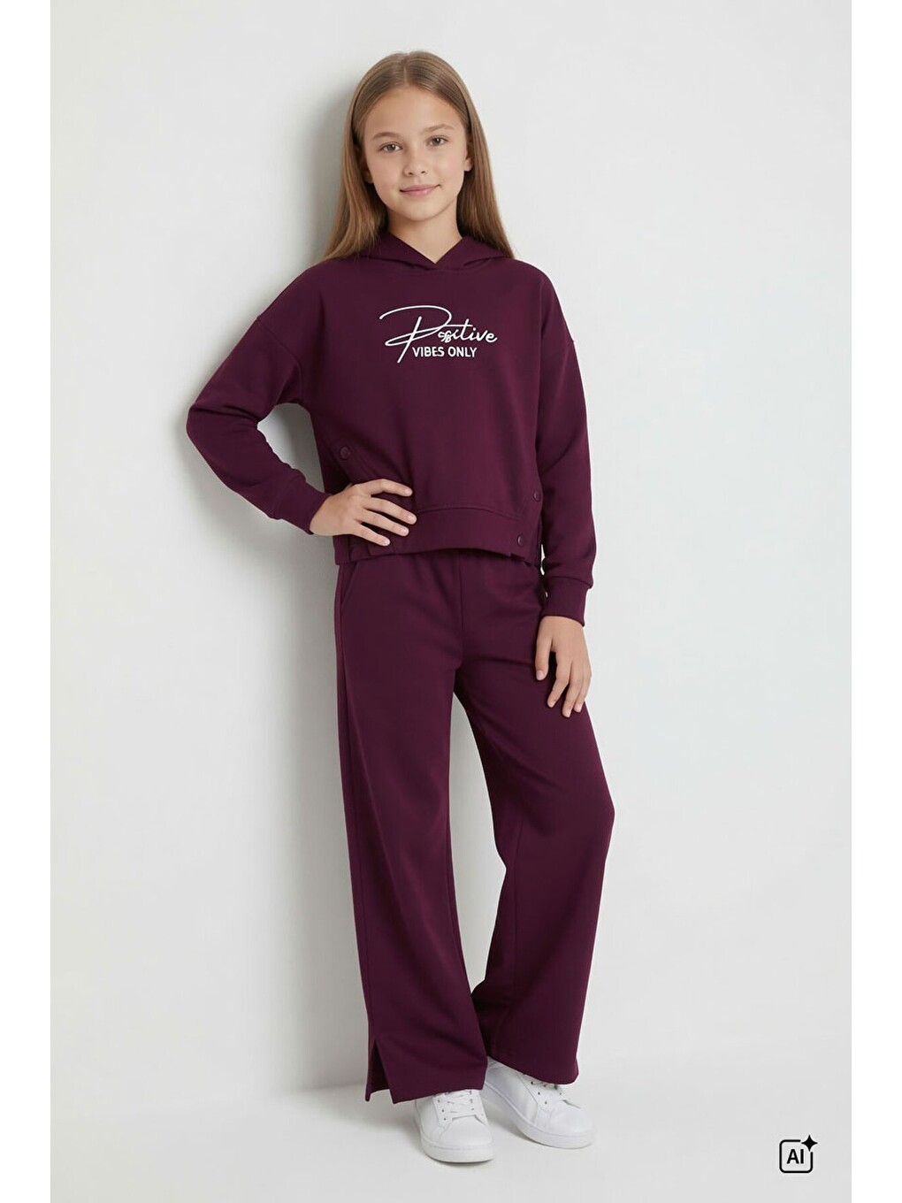 Bordo Kız Çocuk Çıtçıt Detaylı Kabartmalı Sweatshirt Geniş Paça 2li Eşofman Takımı 24765-2