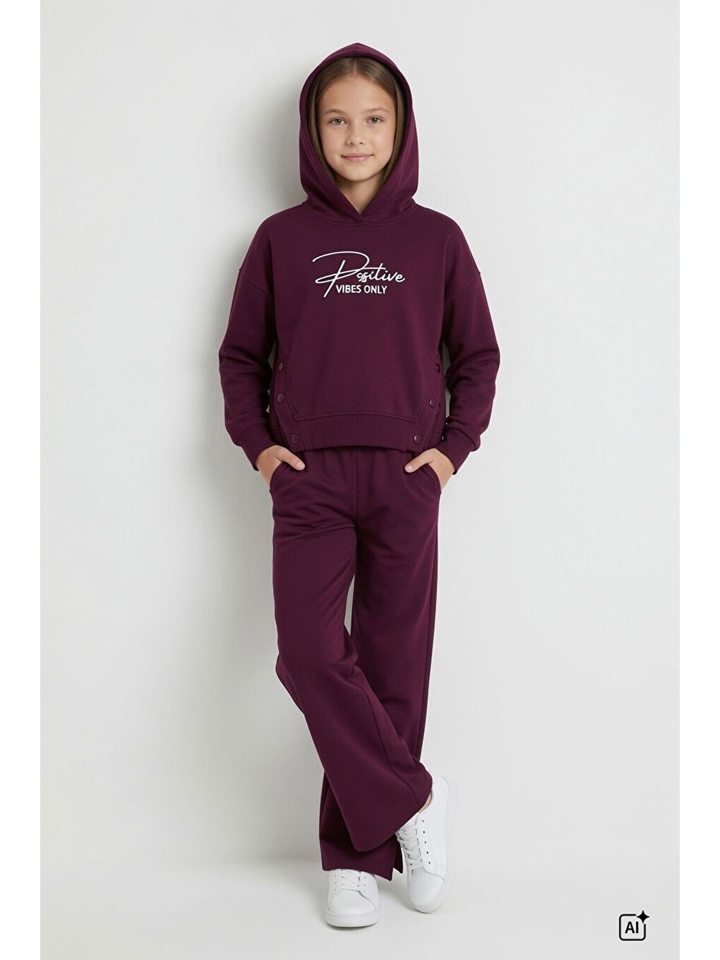 Bordo Kız Çocuk Çıtçıt Detaylı Kabartmalı Sweatshirt Geniş Paça 2li Eşofman Takımı 24765-3