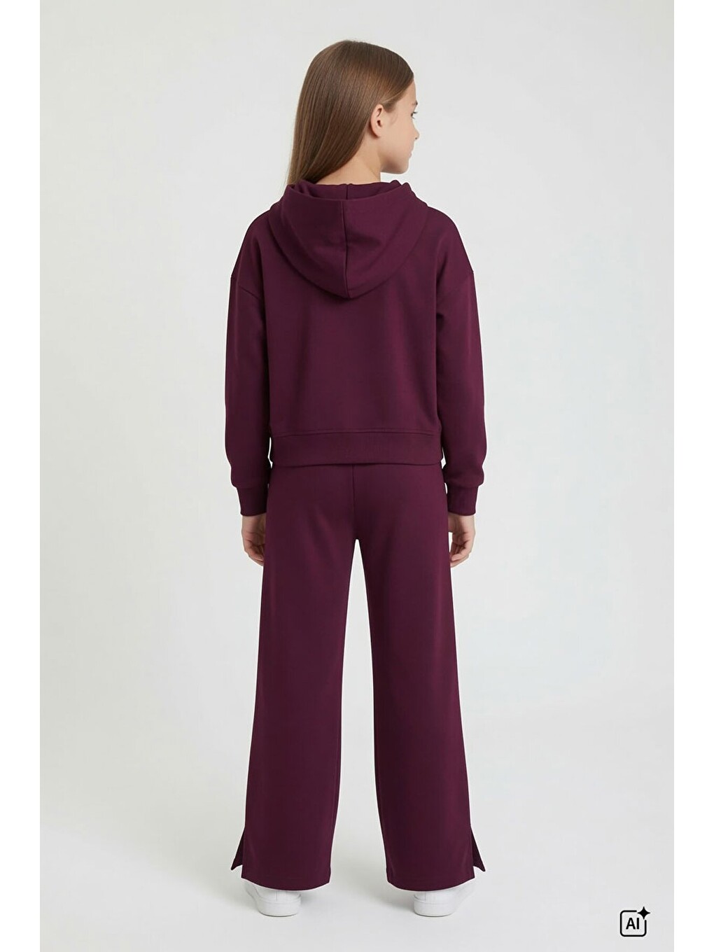 Bordo Kız Çocuk Çıtçıt Detaylı Kabartmalı Sweatshirt Geniş Paça 2li Eşofman Takımı 24765-4