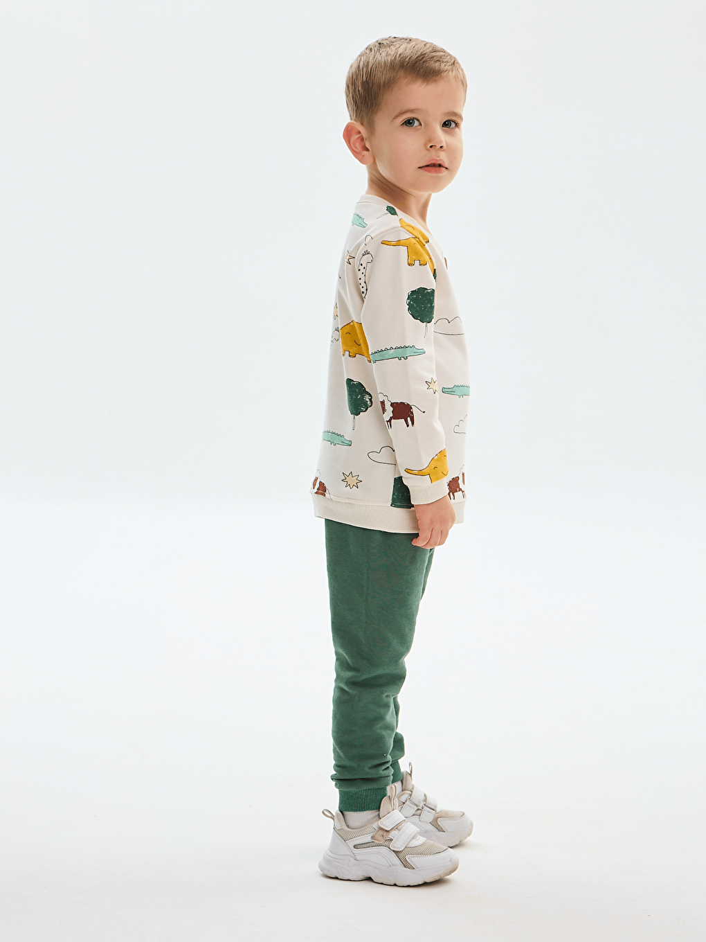 Yeşil Bisiklet Yaka Baskılı Erkek Bebek Sweatshirt ve Eşofman Alt 2'li Takım-1