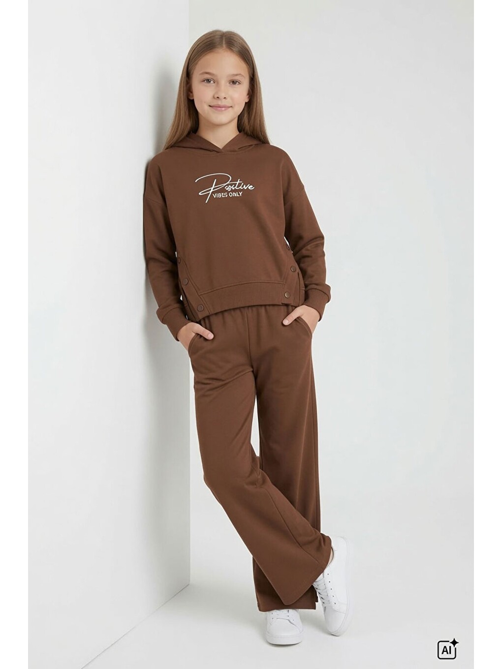 Kahverengi Kız Çocuk Çıtçıt Detaylı Kabartmalı Sweatshirt Geniş Paça 2li Eşofman Takımı 24764-1